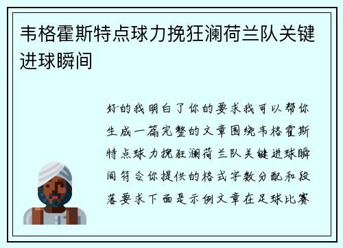 韦格霍斯特点球力挽狂澜荷兰队关键进球瞬间