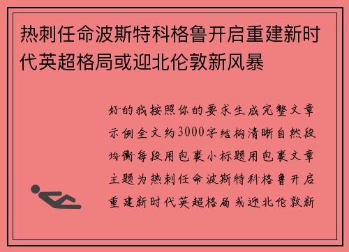 热刺任命波斯特科格鲁开启重建新时代英超格局或迎北伦敦新风暴