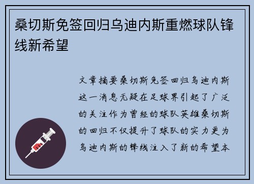 桑切斯免签回归乌迪内斯重燃球队锋线新希望