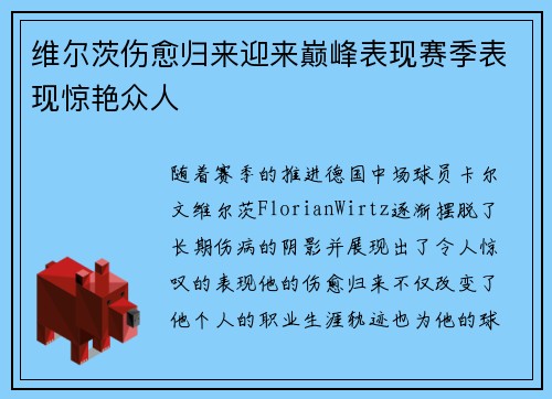 维尔茨伤愈归来迎来巅峰表现赛季表现惊艳众人
