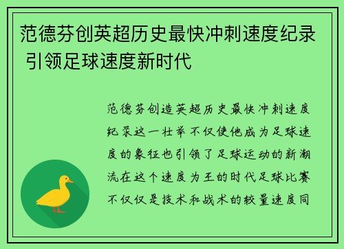 范德芬创英超历史最快冲刺速度纪录 引领足球速度新时代